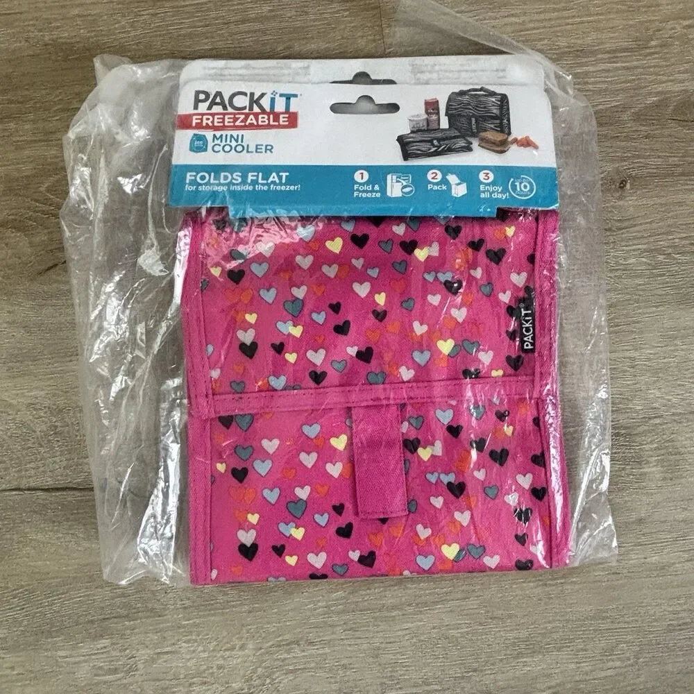 PackIt Freezable Mini Cooler Lunch Bag Folds Flat Pink Hearts New School Picnic